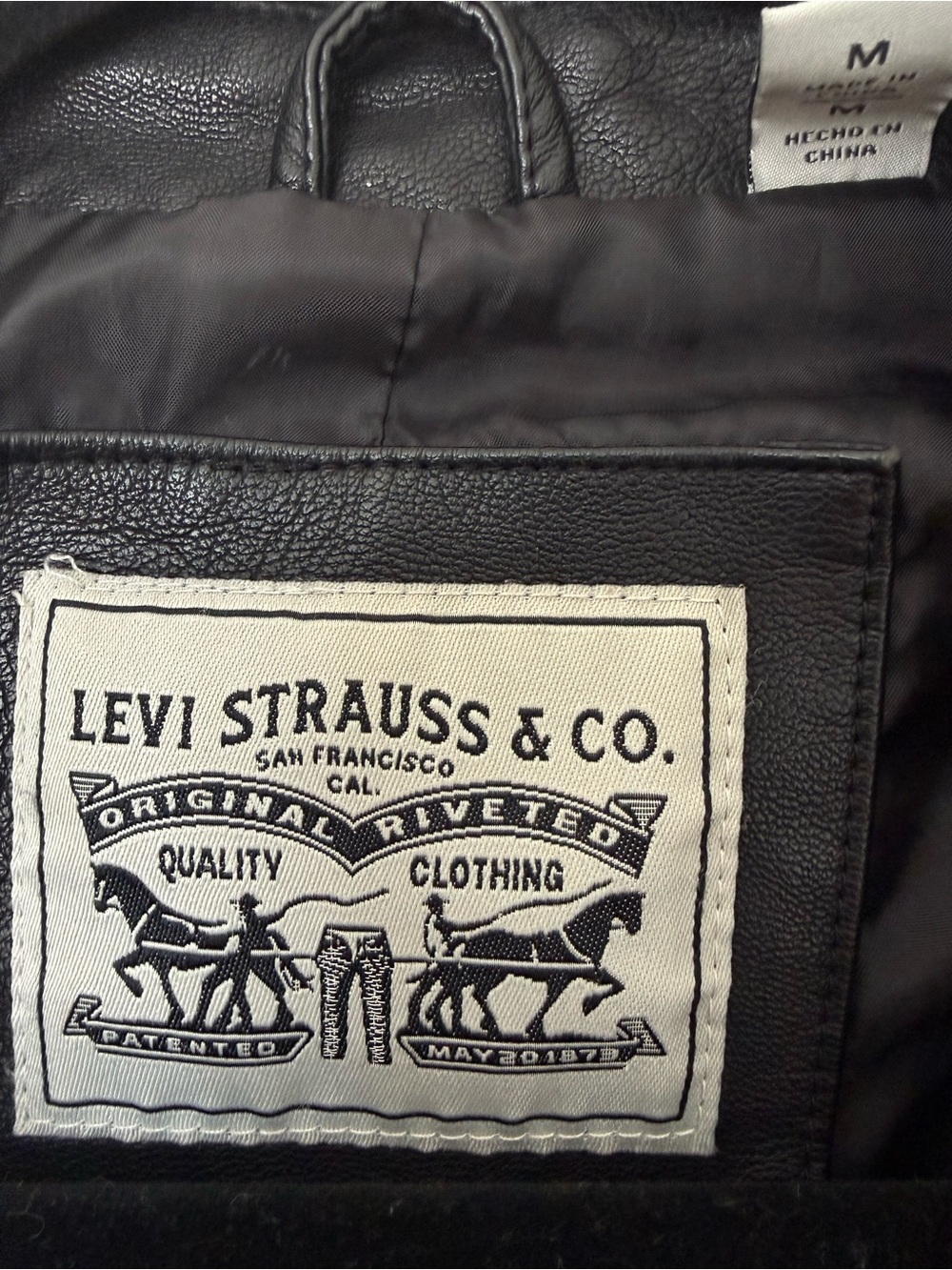 Levi’s Faux Leather Moto Jacket Varsity Stripe Rib Knit Hem Black Medium - Picture 3 of 8